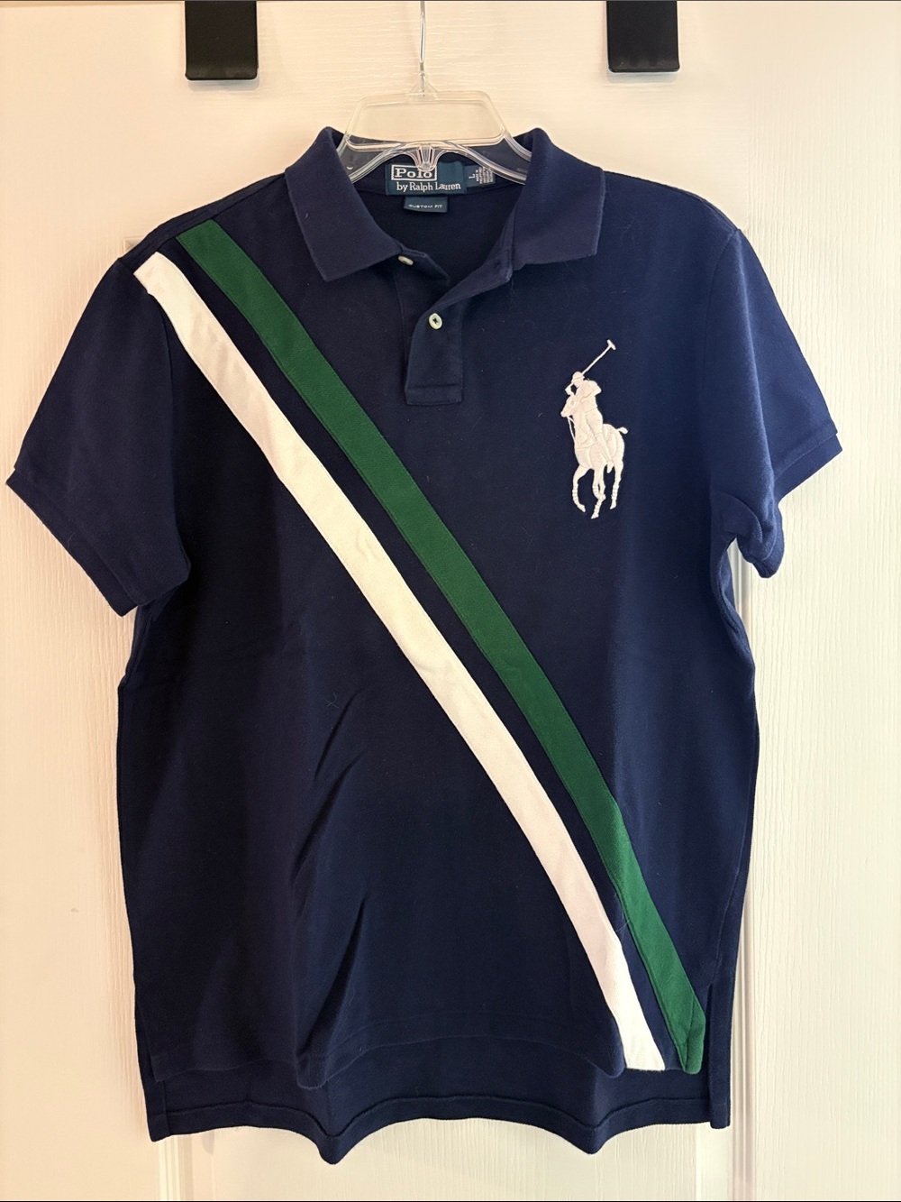 Polo Ralph Lauren Big Pony Sash Polo Mens L Navy Blue Green Diagonal Stripes Y2K - Picture 2 of 5
